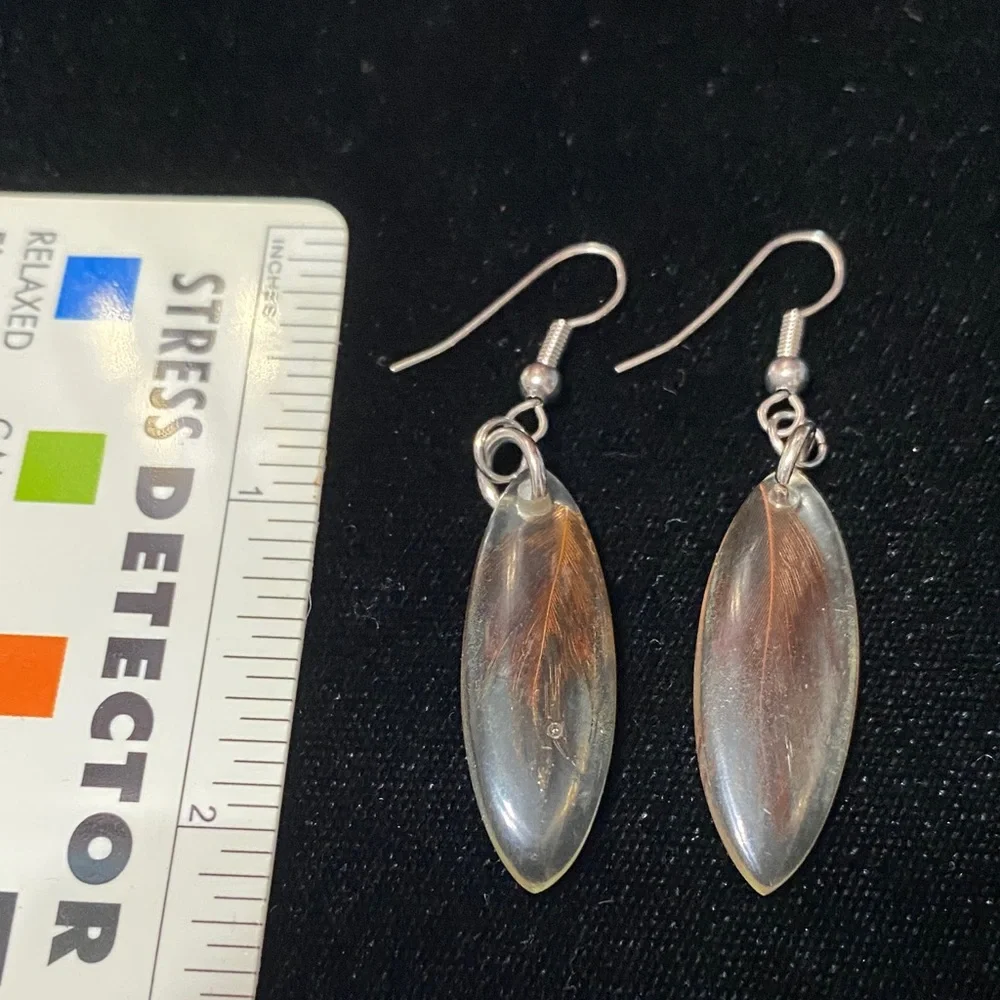Elegant vintage Silver hook and feather acrylic Earrings